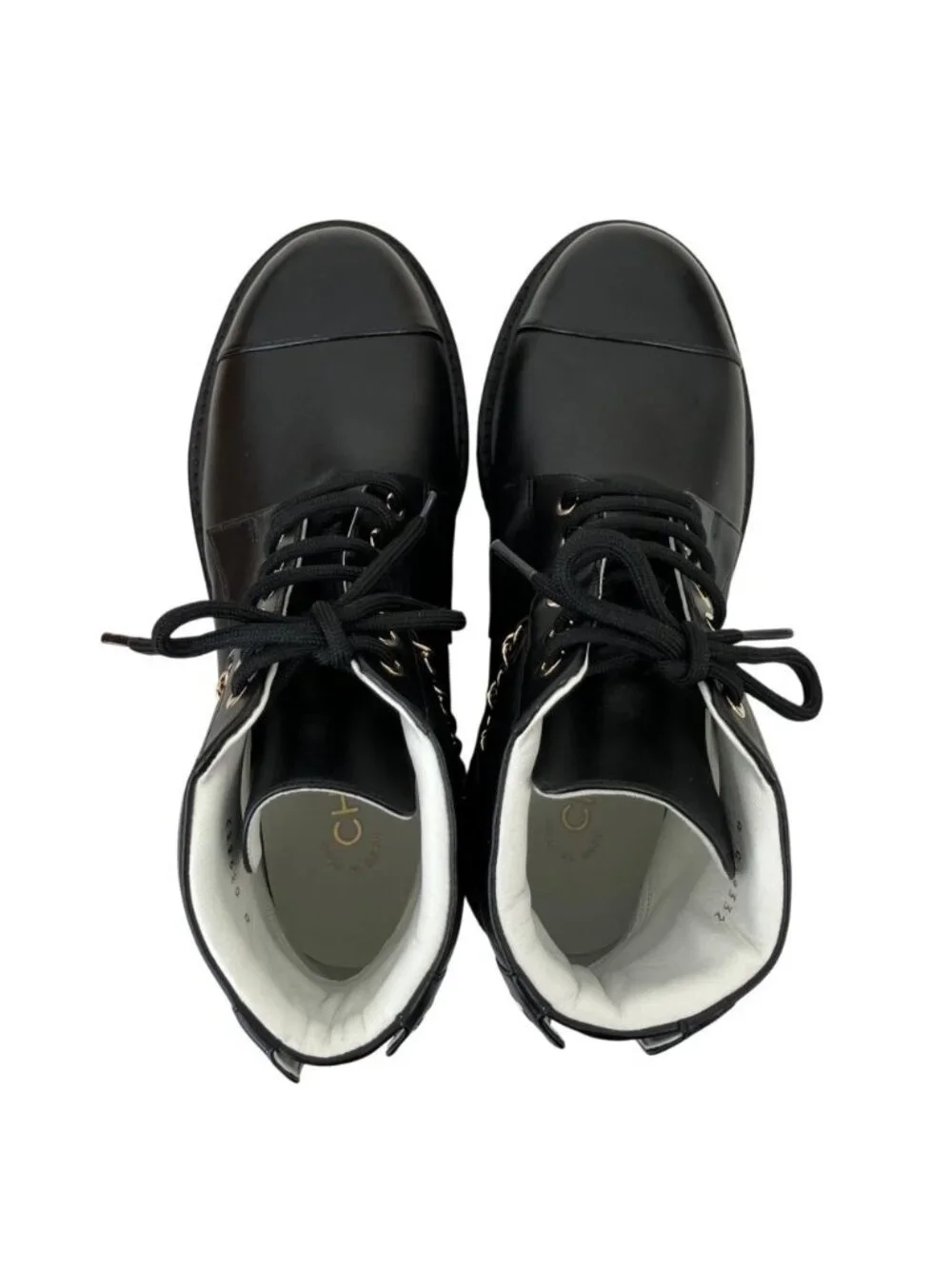 Chanel CC Logo Chain Decoration Lace Up Boots 37.5 Black